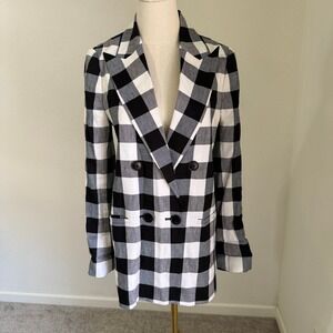 Kate Spade Gingham Linen Blend Double Breasted Blazer 2‎ Preppy Tailored Black